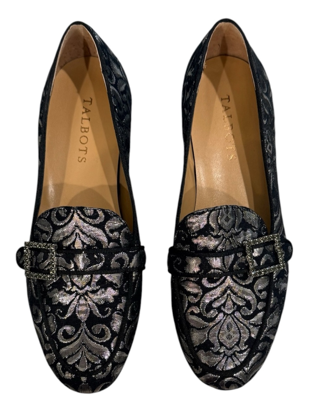 Talbots Black and Silver Metallic Brocade Loafers with Buckle